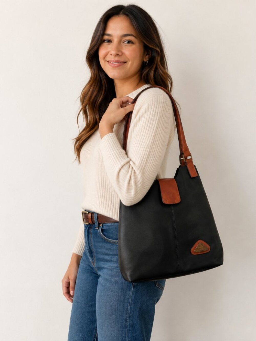 Hara Daviny Genuine Leather Vintage Shoulder Bag Black Brown Double Handle Purse